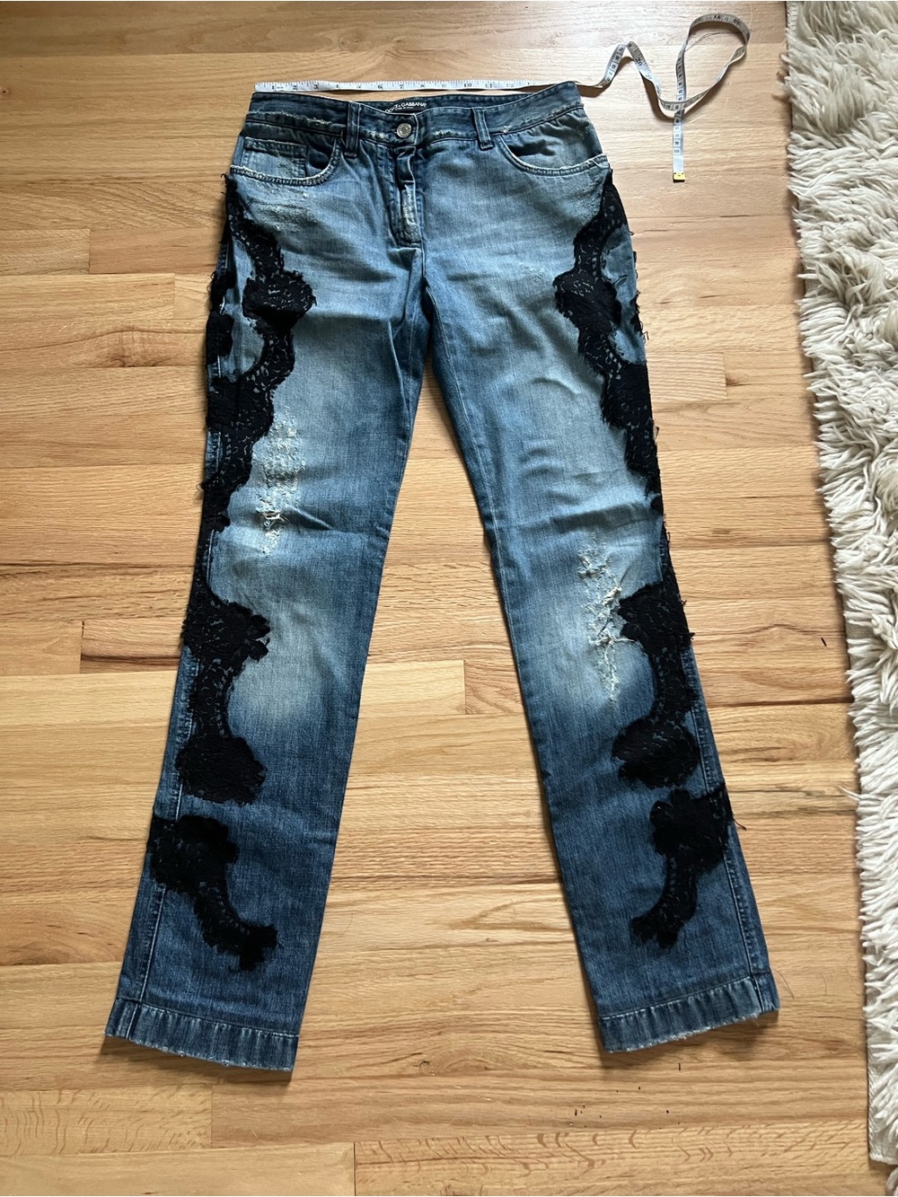 Dolce & Gabbana Blue Denim Straight-Leg Jeans with Black Lace Trim